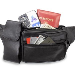 Leather Waist Fanny Pack Travel Belt Bag Travel for Men/Women, Black